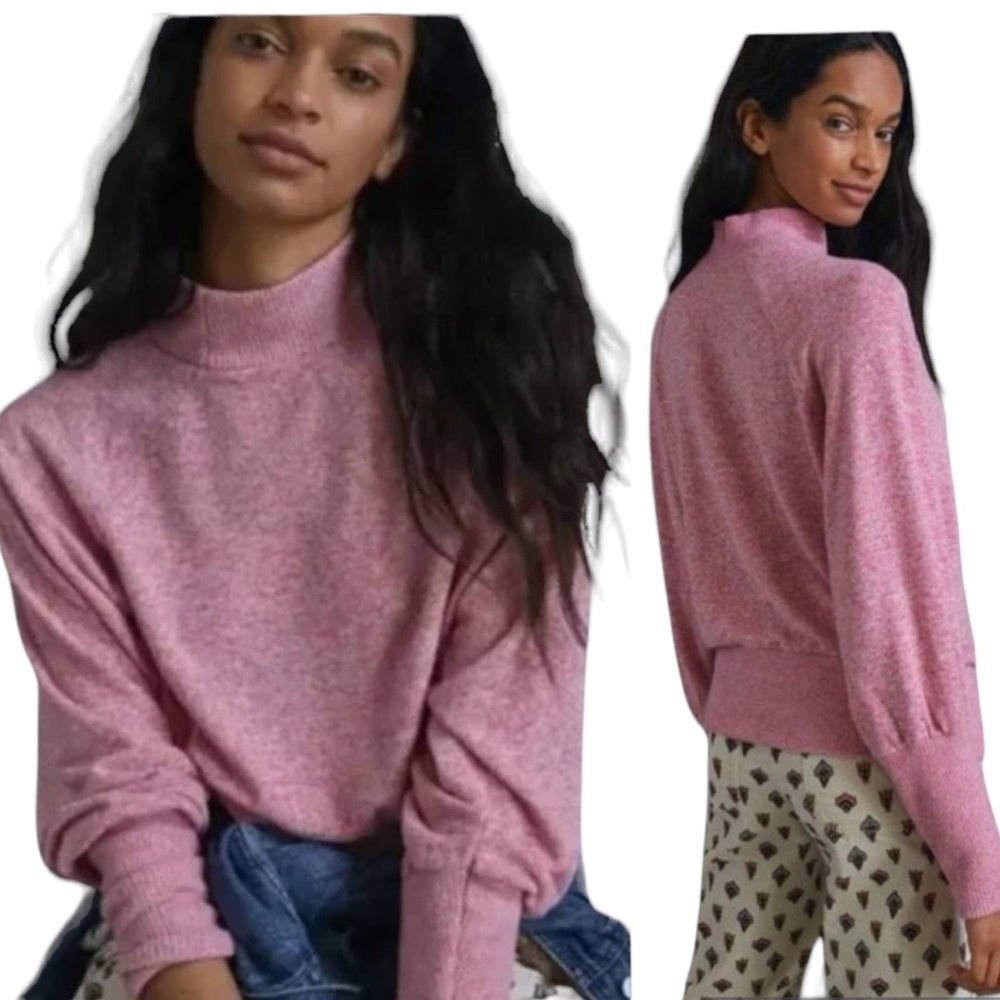 Maeve Anthropologie Laney Marled Pink Mock Neck Balloon Sleeve Sweater - XS